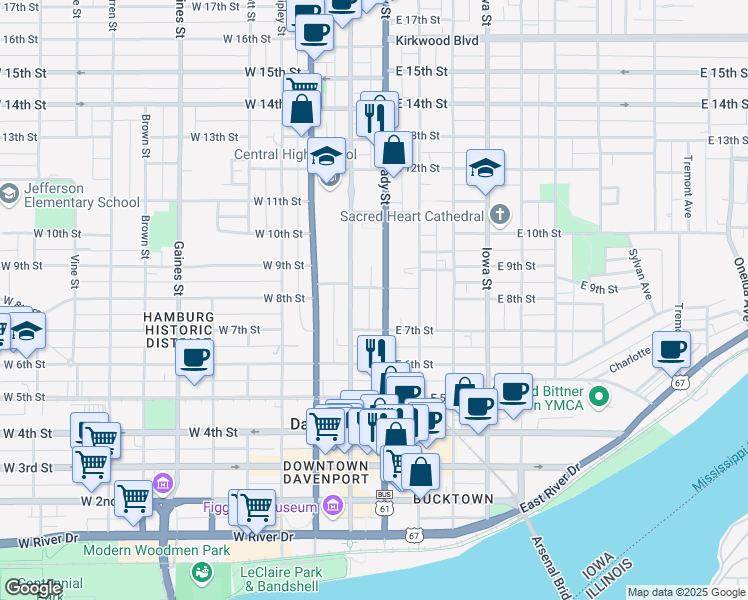 map of restaurants, bars, coffee shops, grocery stores, and more near 732 Brady Street in Davenport