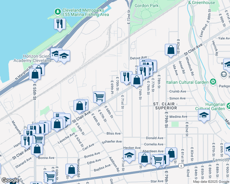 map of restaurants, bars, coffee shops, grocery stores, and more near 6947 Saint Clair Avenue in Cleveland