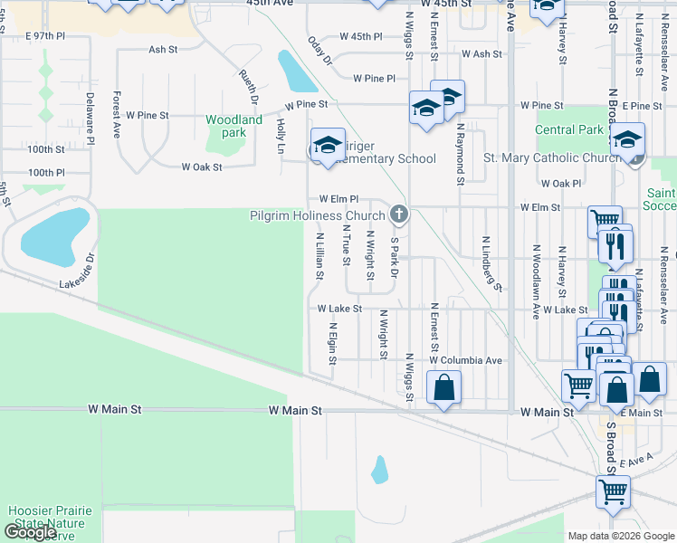 map of restaurants, bars, coffee shops, grocery stores, and more near 331 N Lillian St in Griffith