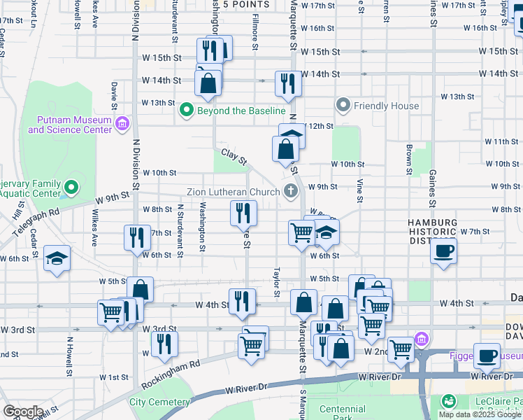 map of restaurants, bars, coffee shops, grocery stores, and more near 1321 West 8th Street in Davenport