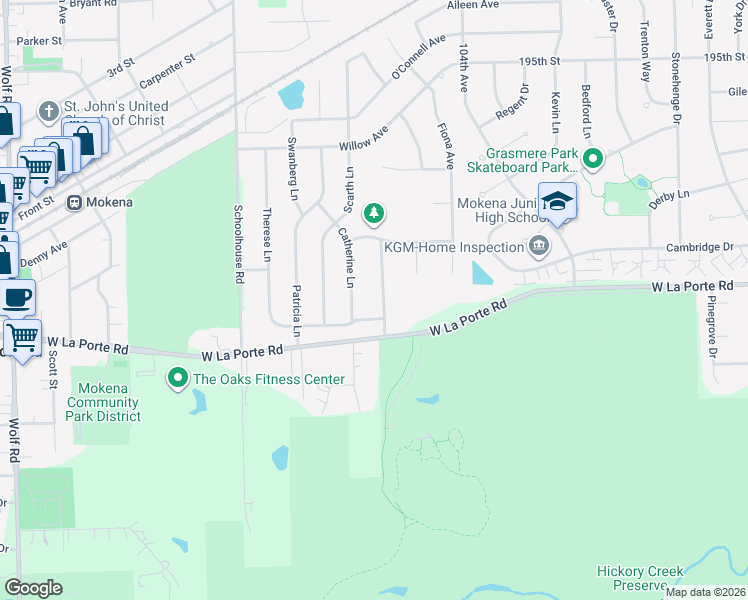 map of restaurants, bars, coffee shops, grocery stores, and more near 19945 Catherine Lane in Mokena