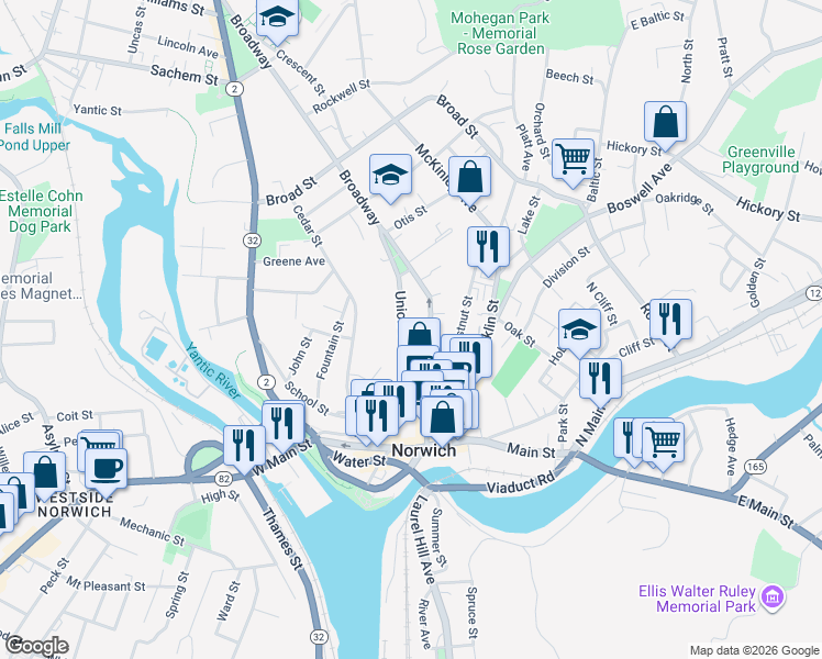 map of restaurants, bars, coffee shops, grocery stores, and more near 47 Union Street in Norwich
