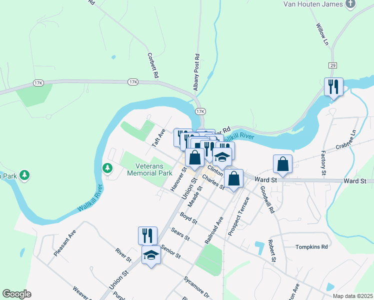 map of restaurants, bars, coffee shops, grocery stores, and more near 24 Bridge Street in Montgomery