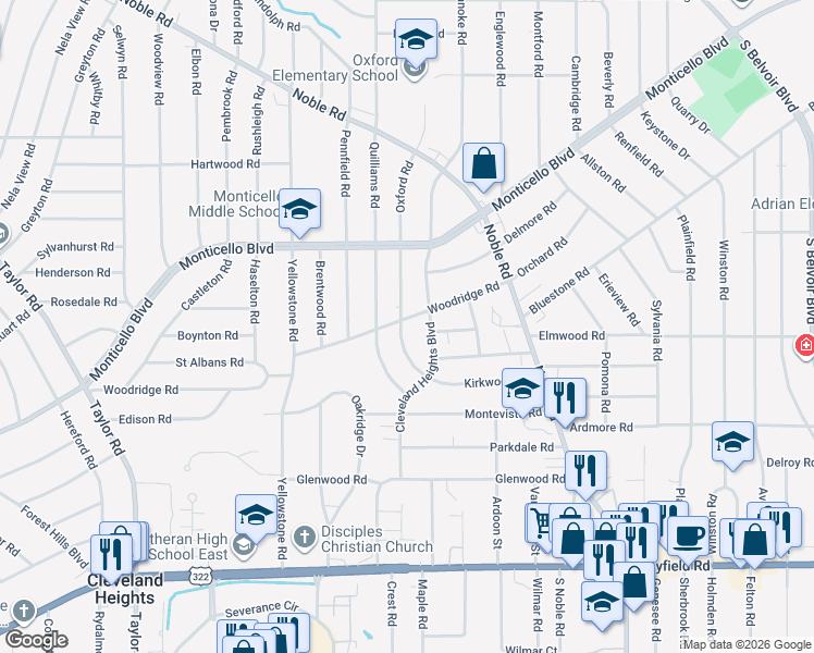 map of restaurants, bars, coffee shops, grocery stores, and more near 1208 Cleveland Heights Boulevard in Cleveland Heights