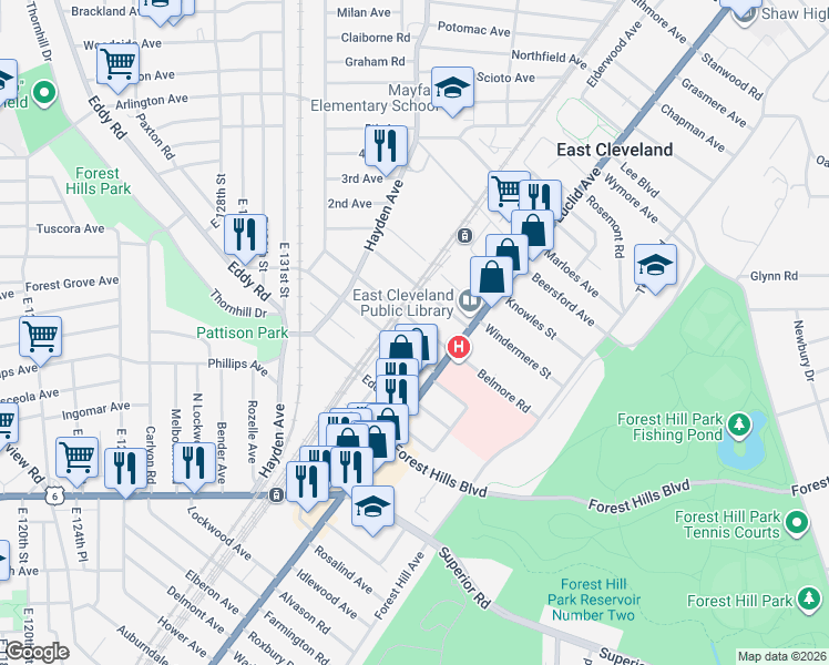 map of restaurants, bars, coffee shops, grocery stores, and more near in East Cleveland