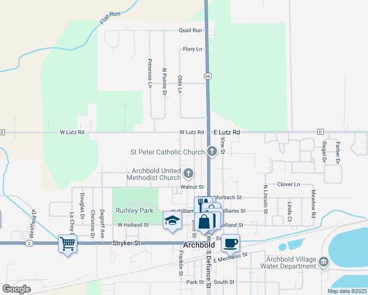 map of restaurants, bars, coffee shops, grocery stores, and more near 503 Stamm St in Archbold