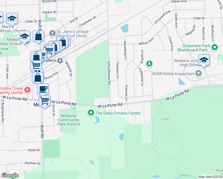 map of restaurants, bars, coffee shops, grocery stores, and more near 19941 South Schoolhouse Road in Mokena
