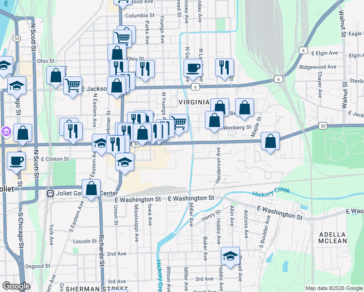 map of restaurants, bars, coffee shops, grocery stores, and more near 556 East Cass Street in Joliet