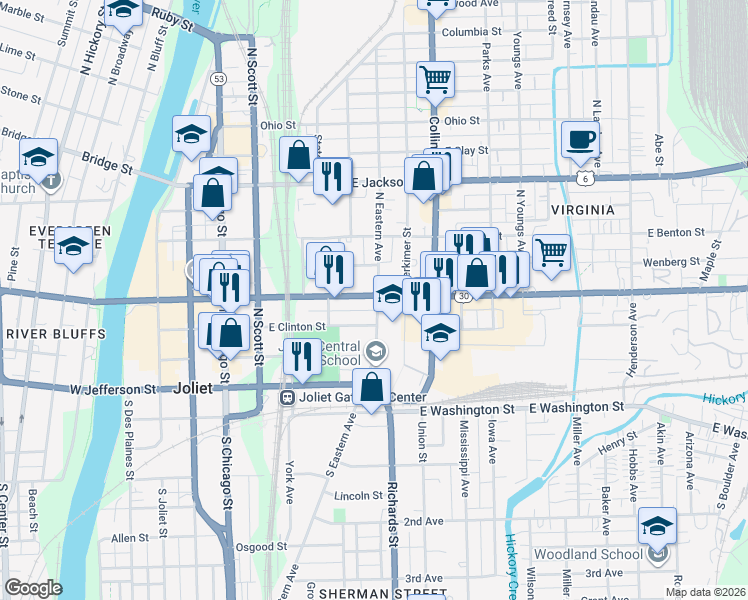 map of restaurants, bars, coffee shops, grocery stores, and more near 252 East Cass Street in Joliet