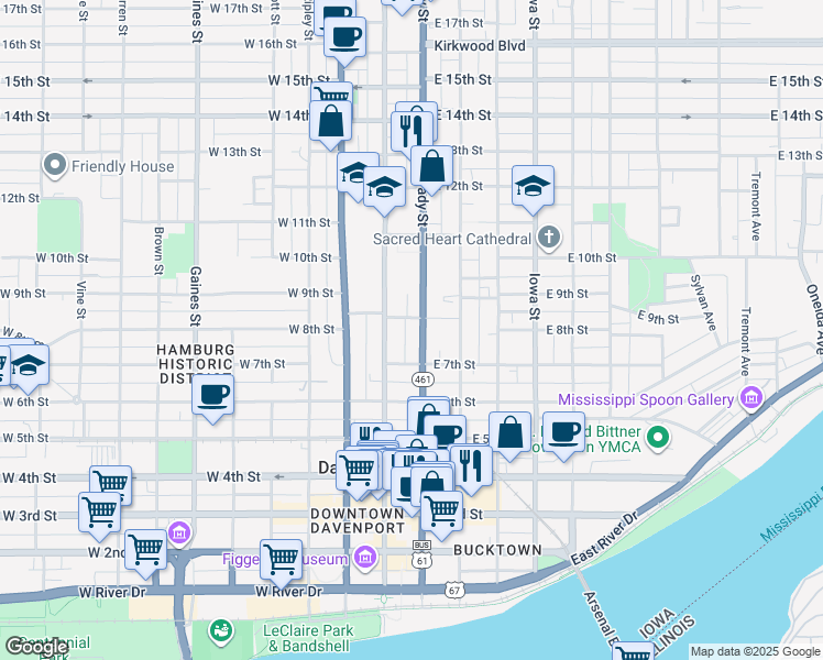 map of restaurants, bars, coffee shops, grocery stores, and more near in Davenport
