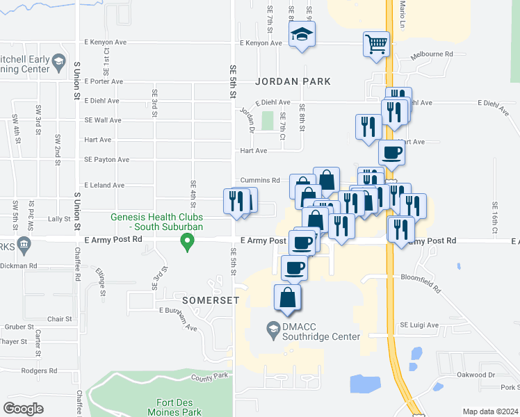 map of restaurants, bars, coffee shops, grocery stores, and more near 6209 Southeast 5th Street in Des Moines