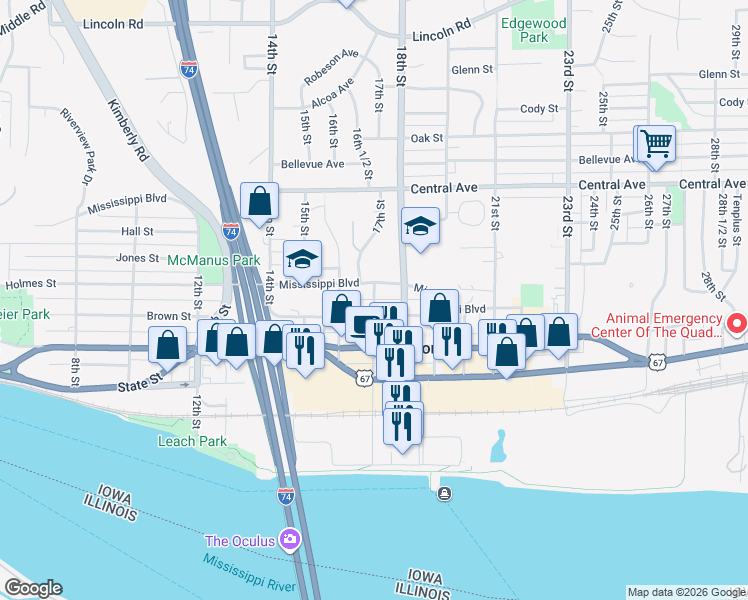 map of restaurants, bars, coffee shops, grocery stores, and more near 549 17th St in Bettendorf