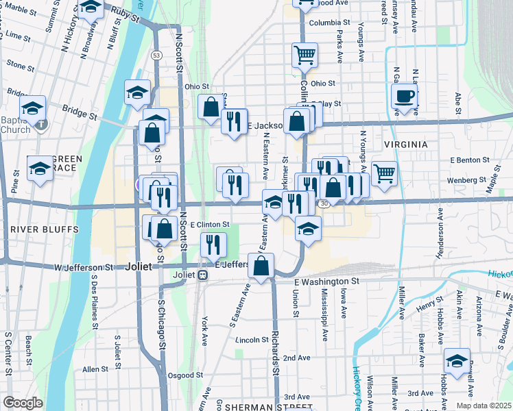 map of restaurants, bars, coffee shops, grocery stores, and more near 252 East Cass Street in Joliet