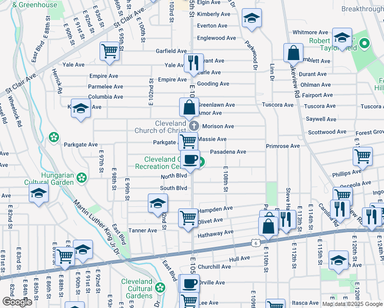 map of restaurants, bars, coffee shops, grocery stores, and more near E 105th St & Somerset Ave in Cleveland