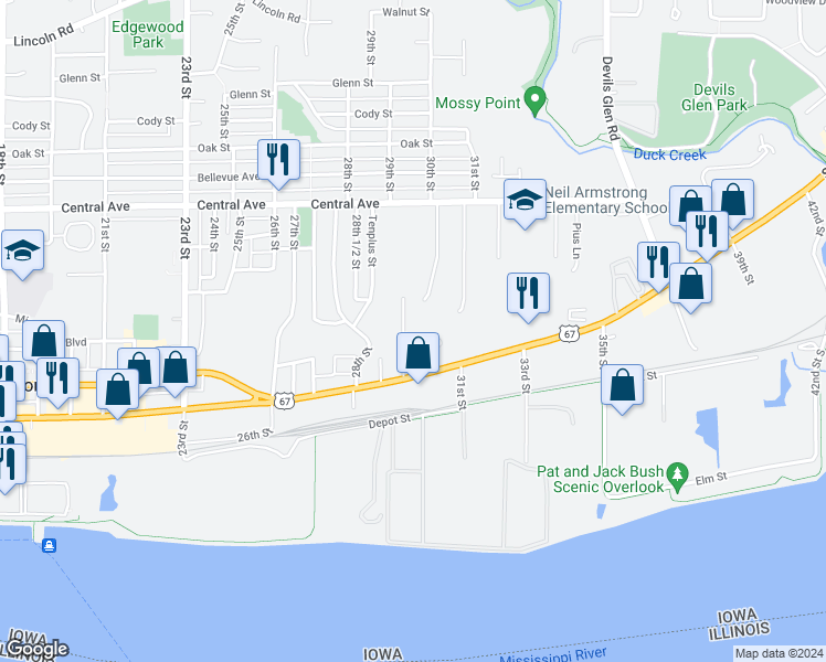 map of restaurants, bars, coffee shops, grocery stores, and more near 529 29th Street in Bettendorf