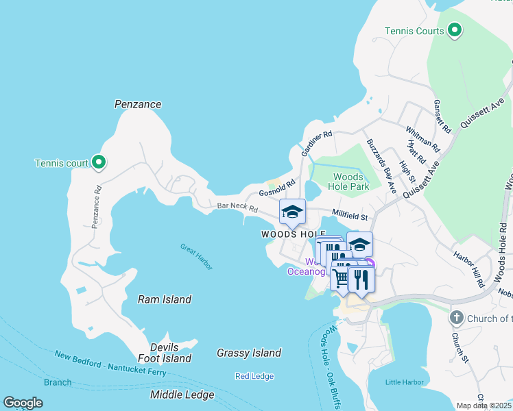 map of restaurants, bars, coffee shops, grocery stores, and more near 53 Bar Neck Road in Falmouth
