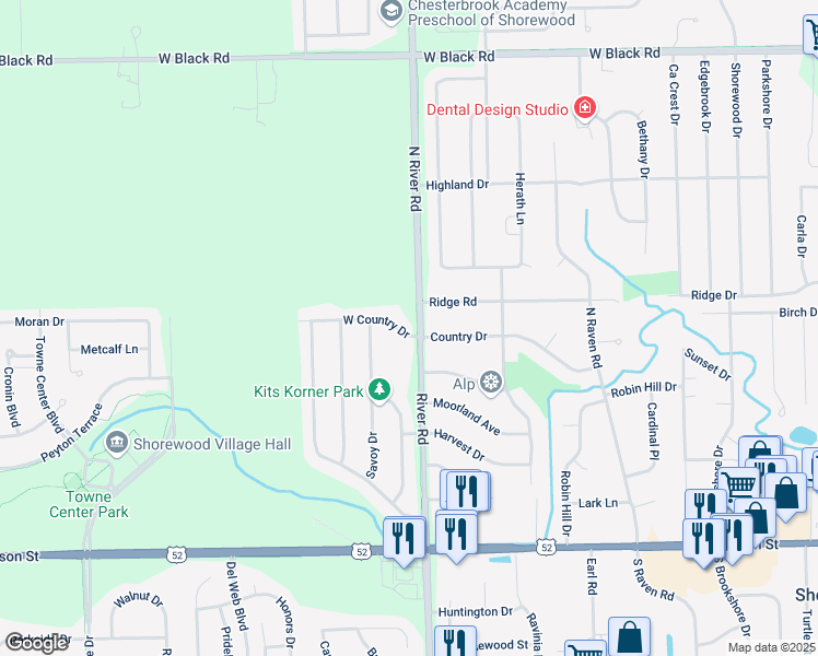 map of restaurants, bars, coffee shops, grocery stores, and more near 1200 Country Drive in Shorewood