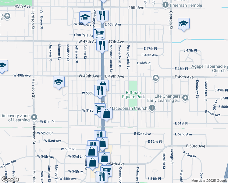 map of restaurants, bars, coffee shops, grocery stores, and more near 101 E 50th Ave in Gary