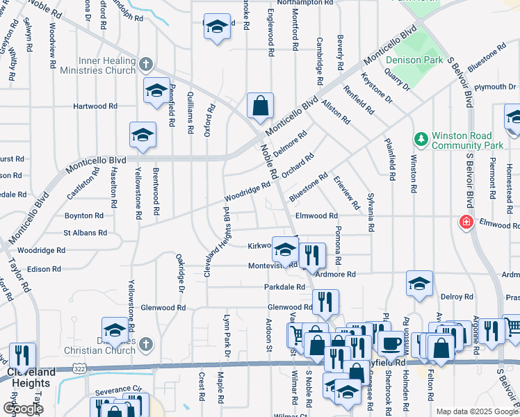 map of restaurants, bars, coffee shops, grocery stores, and more near 2734 Noble Road in Cleveland Heights