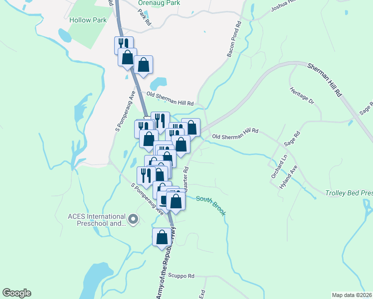 map of restaurants, bars, coffee shops, grocery stores, and more near 40 Sherman Hill Road in Woodbury
