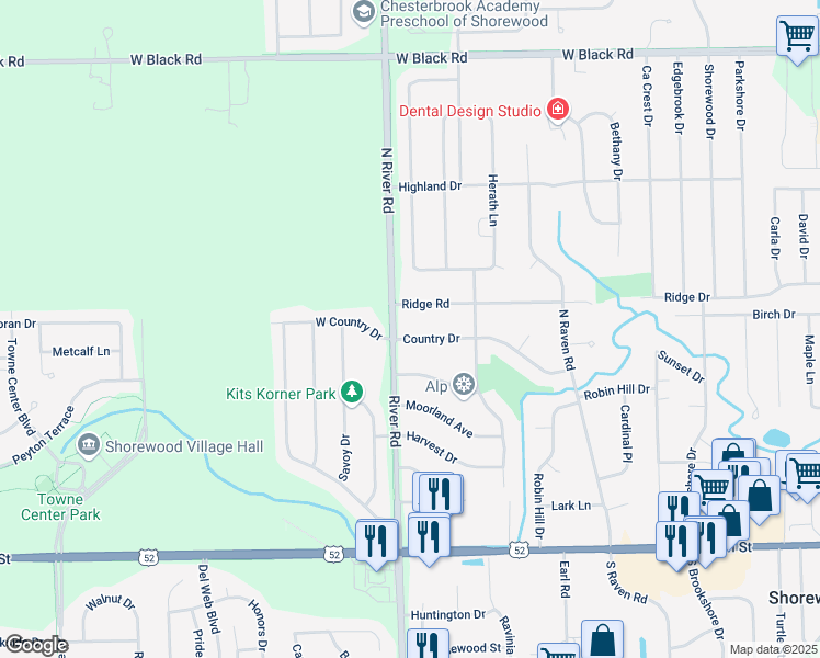 map of restaurants, bars, coffee shops, grocery stores, and more near 1119 Country Drive in Shorewood
