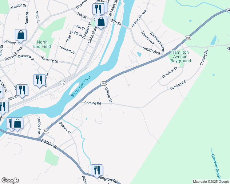 map of restaurants, bars, coffee shops, grocery stores, and more near 20 Gillette Road in Norwich