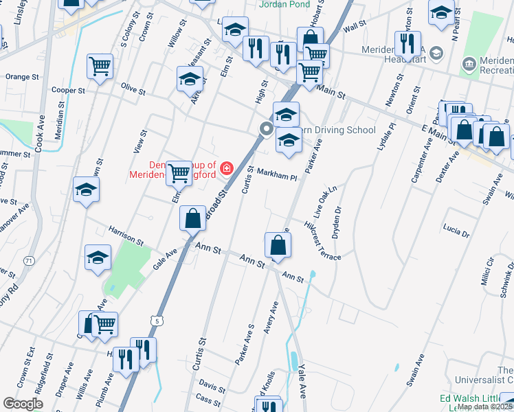 map of restaurants, bars, coffee shops, grocery stores, and more near 30 Hampshire Road in Meriden