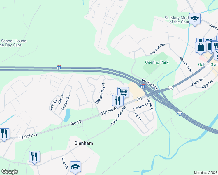 map of restaurants, bars, coffee shops, grocery stores, and more near 6(G Millholland Drive in Fishkill