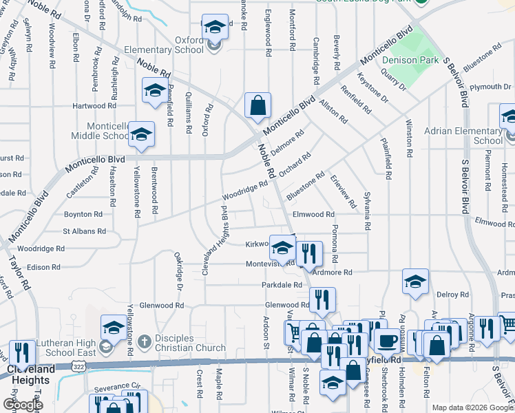 map of restaurants, bars, coffee shops, grocery stores, and more near 2734 Noble Road in Cleveland Heights