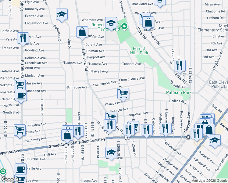 map of restaurants, bars, coffee shops, grocery stores, and more near 11905 Chesterfield Avenue in Cleveland