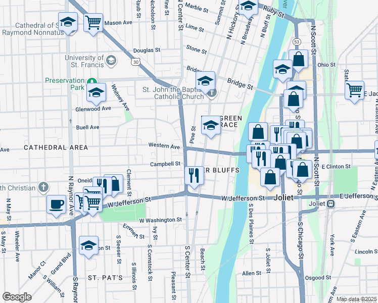 map of restaurants, bars, coffee shops, grocery stores, and more near 217 Pine Street in Joliet