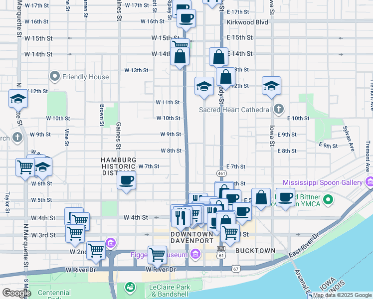 map of restaurants, bars, coffee shops, grocery stores, and more near 721 North Harrison Street in Davenport