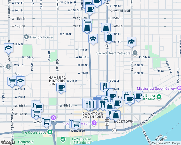 map of restaurants, bars, coffee shops, grocery stores, and more near 721 North Harrison Street in Davenport