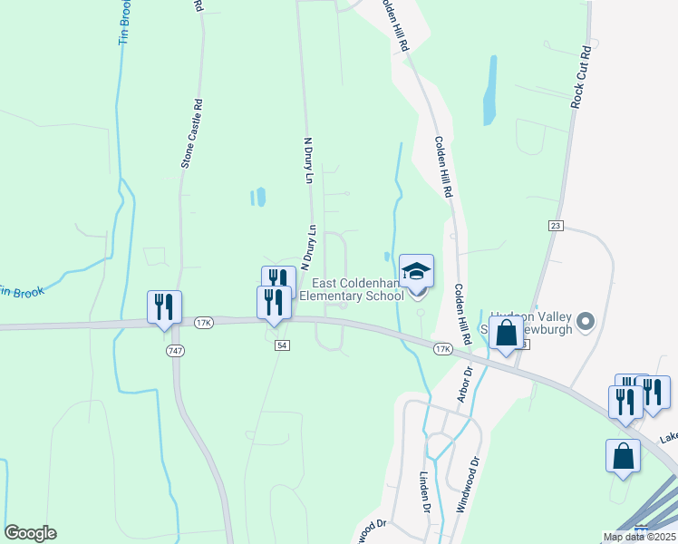 map of restaurants, bars, coffee shops, grocery stores, and more near 16 Fleetwood Drive in Newburgh