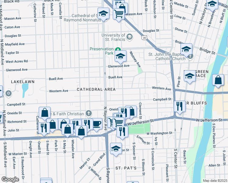 map of restaurants, bars, coffee shops, grocery stores, and more near 710 Western Avenue in Joliet