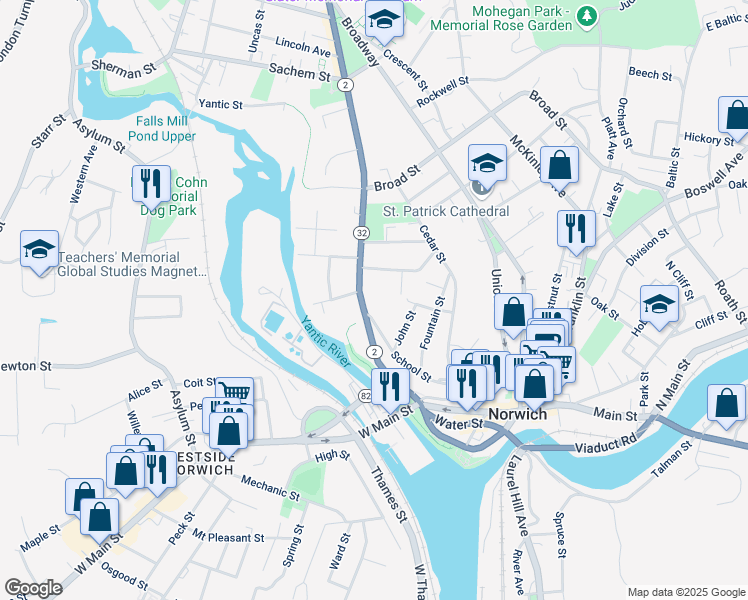 map of restaurants, bars, coffee shops, grocery stores, and more near 99 Washington Street in Norwich