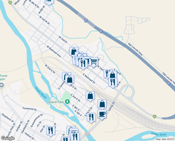 map of restaurants, bars, coffee shops, grocery stores, and more near 174 East Flaming Gorge Way in Green River