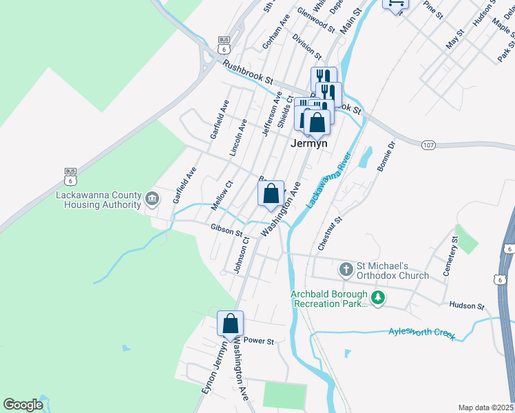map of restaurants, bars, coffee shops, grocery stores, and more near 424 Madison Avenue in Jermyn
