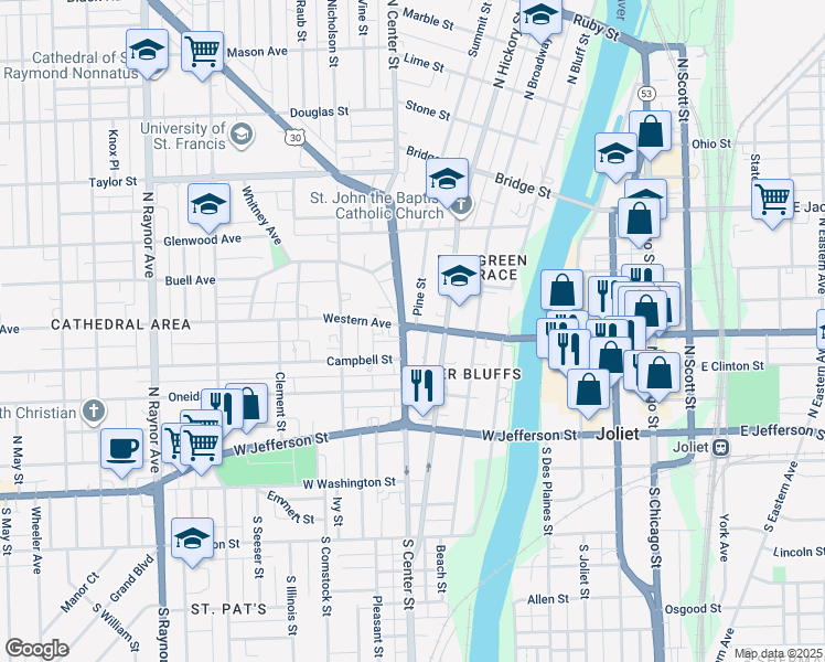 map of restaurants, bars, coffee shops, grocery stores, and more near 366 Western Avenue in Joliet