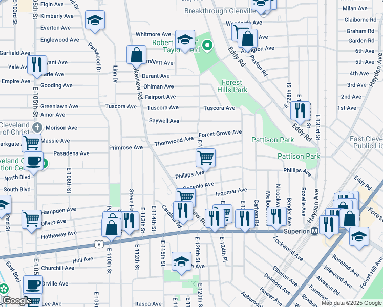map of restaurants, bars, coffee shops, grocery stores, and more near 11905 Chesterfield Avenue in Cleveland