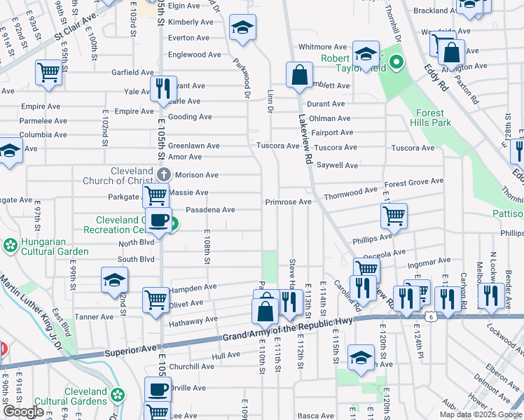 map of restaurants, bars, coffee shops, grocery stores, and more near Parkwood Drive & Pasadena Avenue in Cleveland