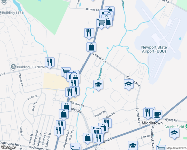 map of restaurants, bars, coffee shops, grocery stores, and more near 969 West Main Road in Middletown