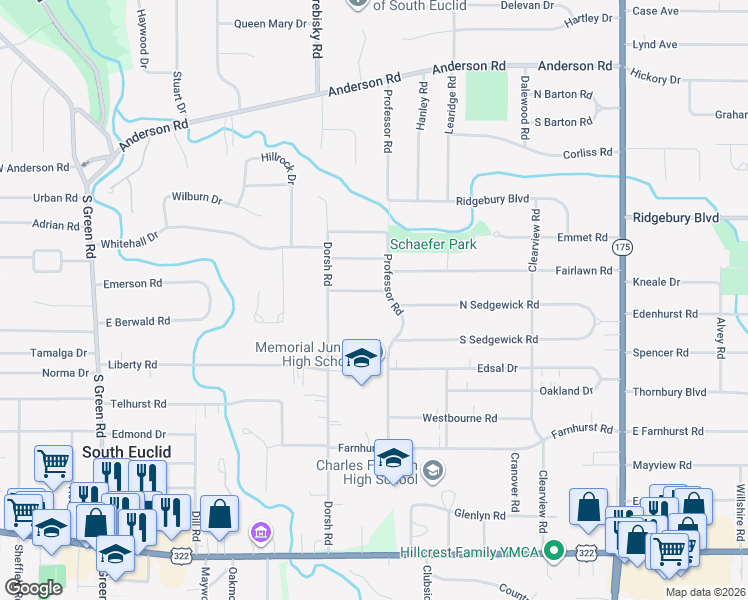 map of restaurants, bars, coffee shops, grocery stores, and more near 4768 Burger Road in South Euclid