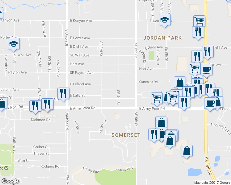 map of restaurants, bars, coffee shops, grocery stores, and more near 344 East Lally Street in Des Moines