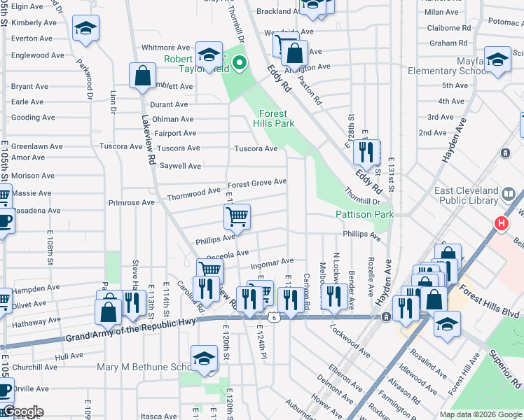 map of restaurants, bars, coffee shops, grocery stores, and more near 12366 Chesterfield Avenue in Cleveland