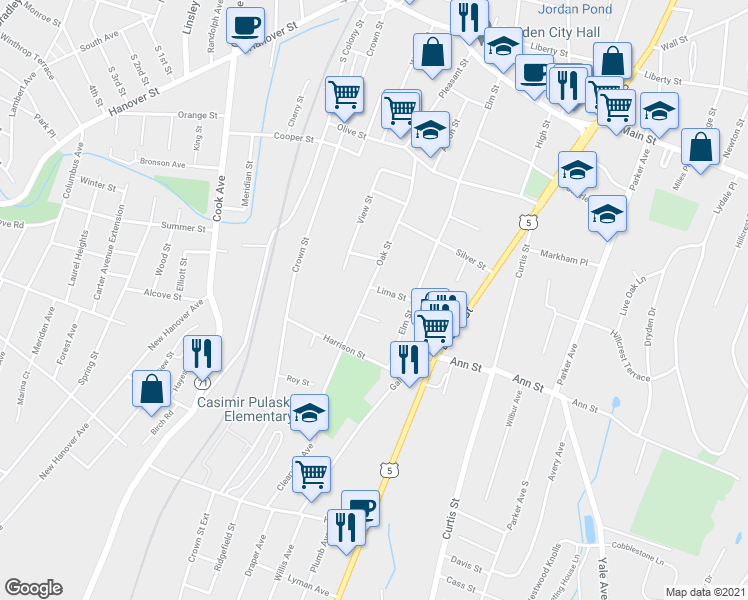 map of restaurants, bars, coffee shops, grocery stores, and more near 208 Oak Street in Meriden
