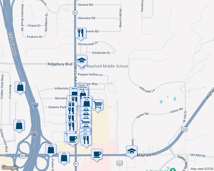 map of restaurants, bars, coffee shops, grocery stores, and more near 250 Chatham Way in Cleveland