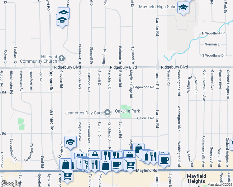 map of restaurants, bars, coffee shops, grocery stores, and more near 1199 Ranchland Drive in Mayfield Heights