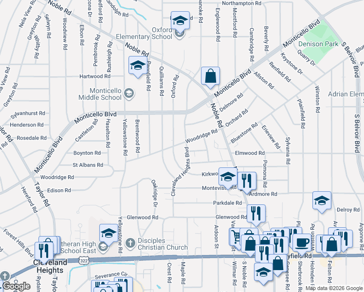 map of restaurants, bars, coffee shops, grocery stores, and more near 1208 Cleveland Heights Boulevard in Cleveland Heights