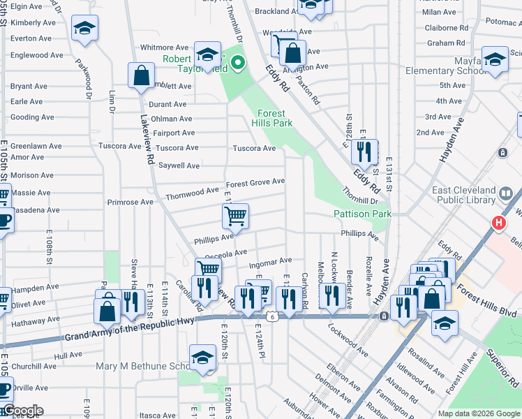 map of restaurants, bars, coffee shops, grocery stores, and more near 12366 Chesterfield Avenue in Cleveland